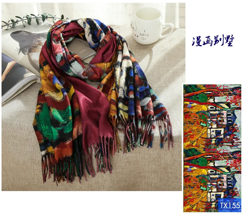 

Oil Painting House Pattern Scarf Women Winter Warm Van Gogh Painting Tassel Scarves Designer Luxury Long Print Wraps Shawl