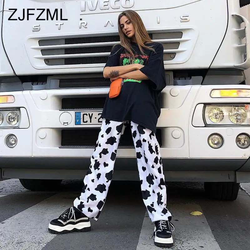 

Cow Animal Print Harajuku Sexy Flare Pants Women High Waist Full Length Trousers Streetwear Causal Sweatpants Jogger Femme