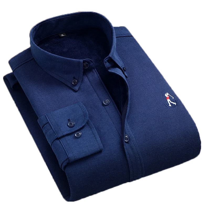 

Aoliwen Men winter leisure 60% cotton thickened Navy solid warm Shirt Anti wrinkle Plush comfortable long sleeve slim fit shirt