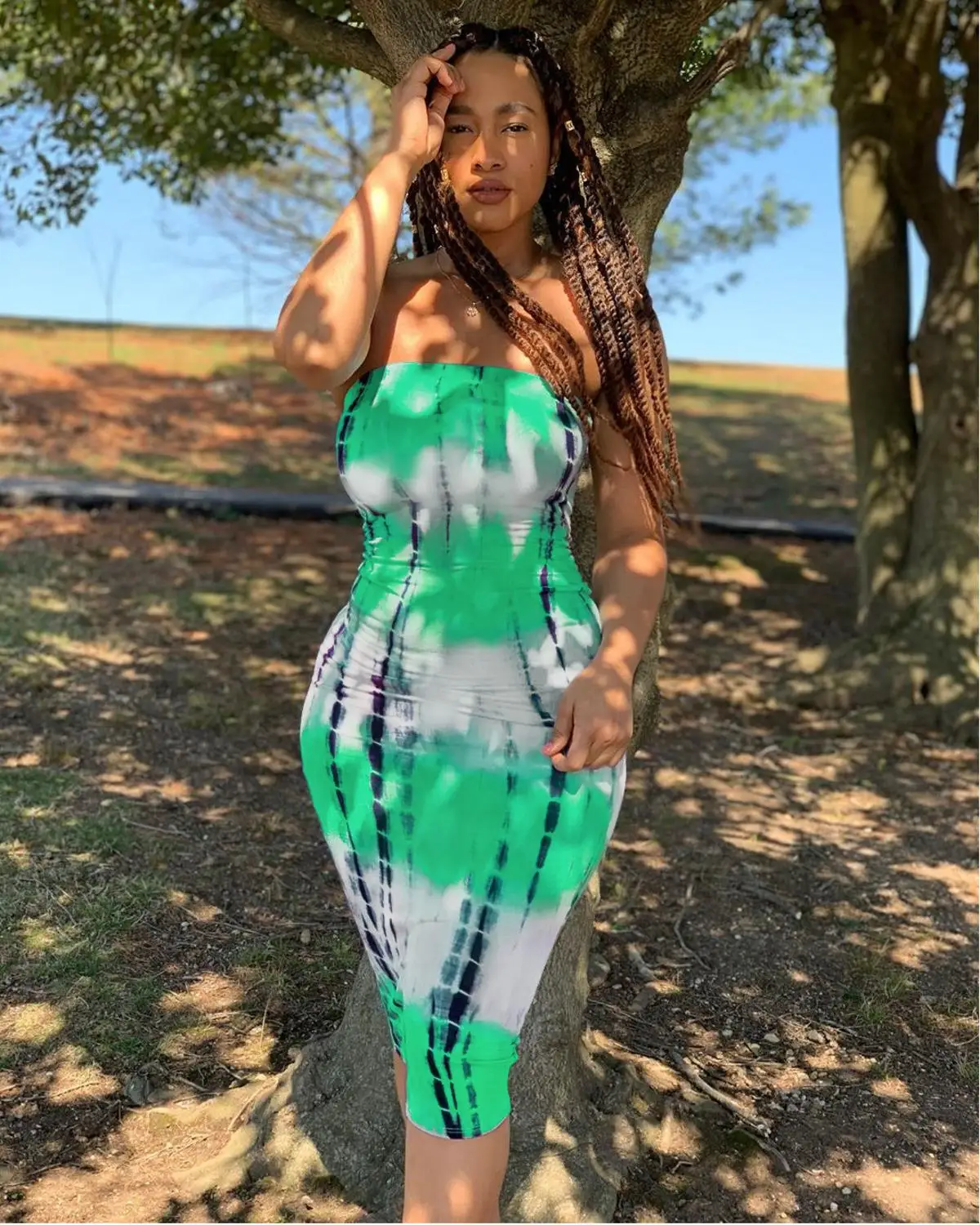 SKMY Summer Outfits For Women 2024Fashion Tie Dye Printed Dress Sexy Strapless Bodycon Midi Dresses Night Club Party Wear