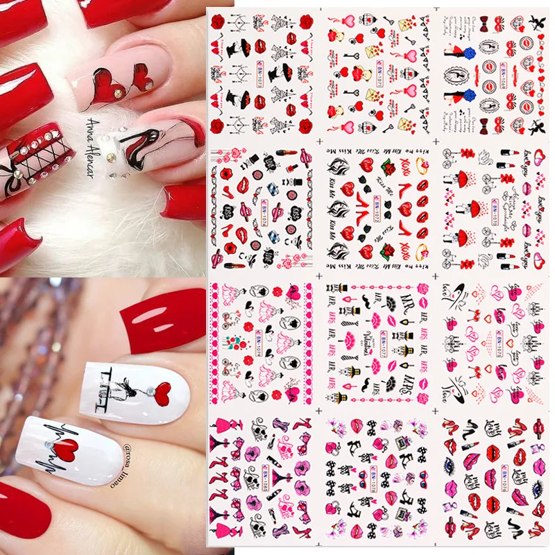 

12pcs Valentine's Series Manicures Love Letter Flower Sliders for Nails Inscriptions Nail Art Decoration Water Wraps DIY Sticker