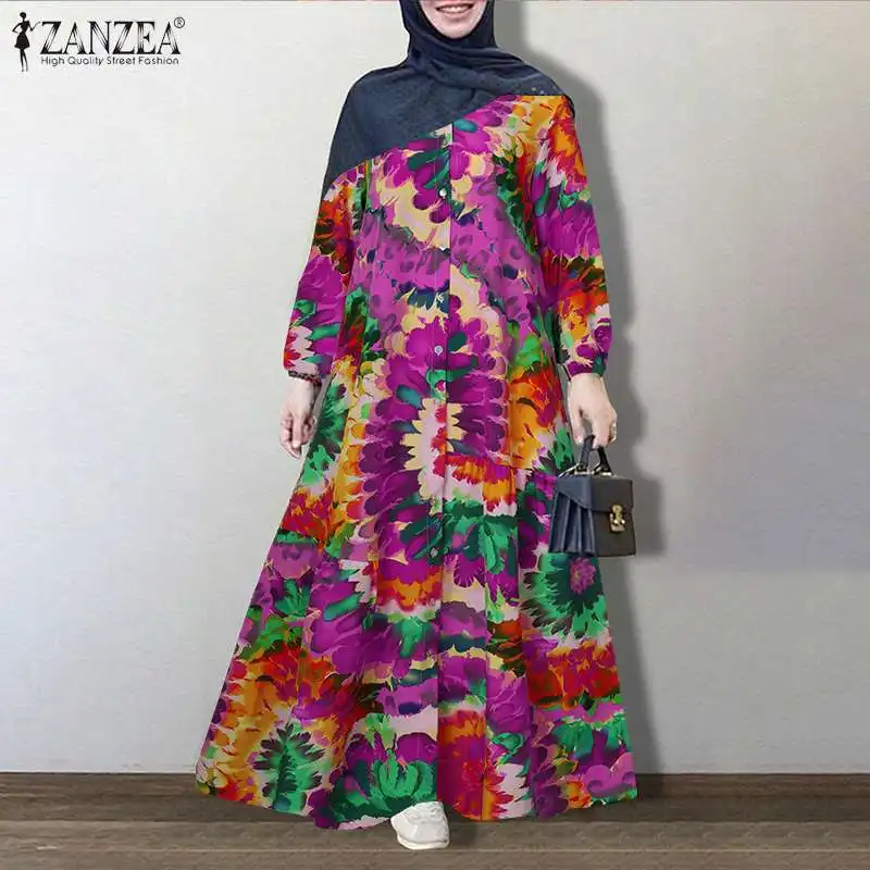 zanzea, outono vestido longo estampado floral feminino