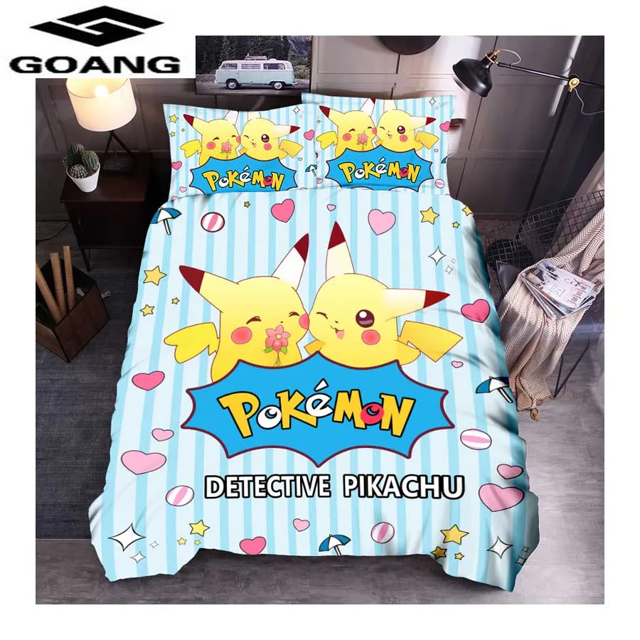 GOANG 3d цифровая печать мультфильм постельное белье простыня пододеяльник и наволочка Роскошный домашний текстиль детские постельные принадлежности Пикачу - Цвет: Синий
