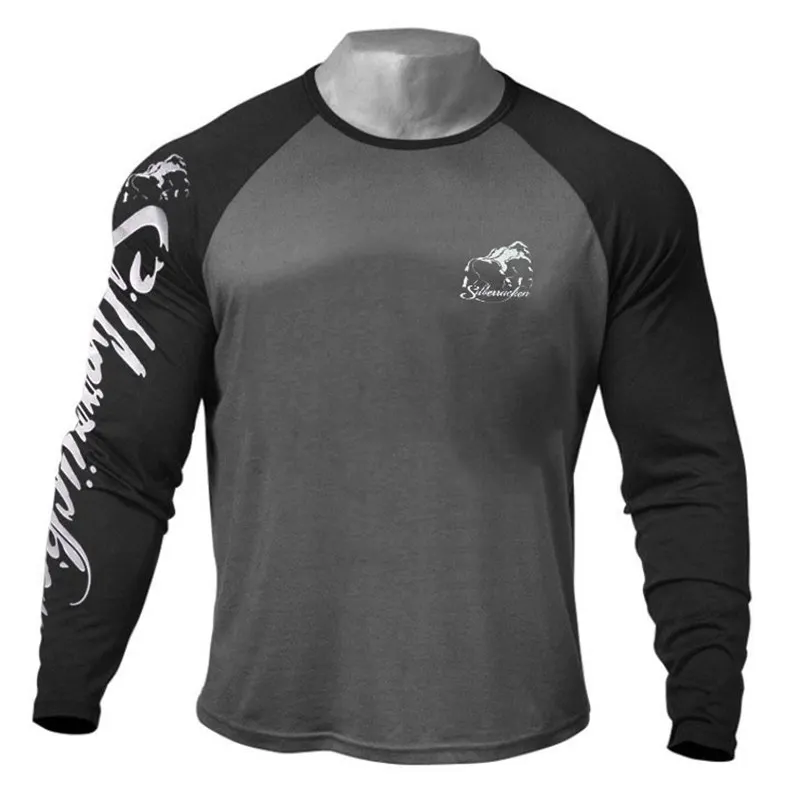 Dark gray black Мужская футболка с длинными рукавами для бега, тренировки, спорта на открытом воздухе, хлопковые обтягивающие рубашки, тренажерный зал для обучения фитнесу, футболка, мужские футболки топы с принтом - Цвет: Dark gray black