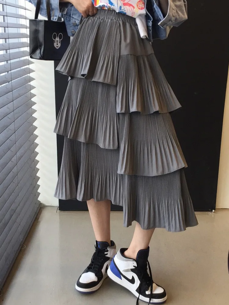 

Beige White Fashion Korean Ruffle Midi Long A-line Skirt Women Casual Spring Summer High Waist Irregular All-match Skirts Female