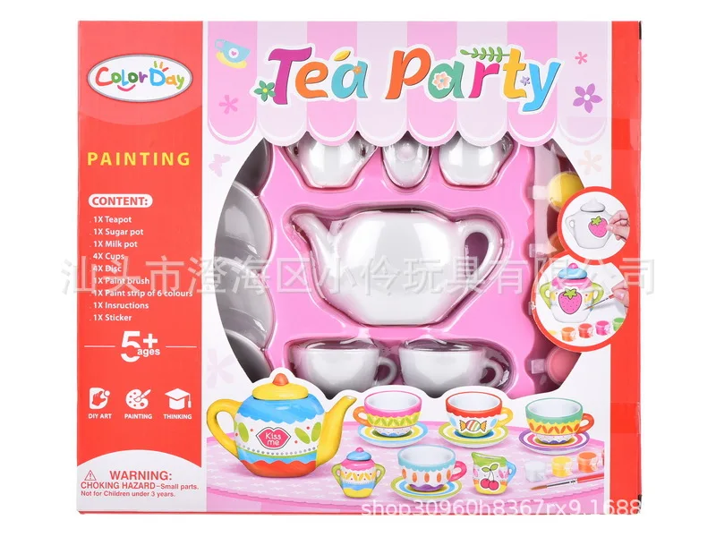 

DIY Coloured Drawing Graffiti Tea Set Children Play House Coloured Drawing Tea Pot Toy Handmade Graffiti Crafts