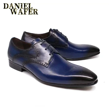 

LUXURY DERBY SHOES LEATHER HAND-POLISHING BLUE BLACK POINTED TOE LACE UP OFFICE WEDDING DRESS FORMAL OXFORD MEN SHOES LEATHER