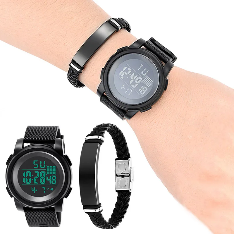 

Sport Waterproof Digital Watch Electronic Watch and Stainless Steel Bracelet Set d88