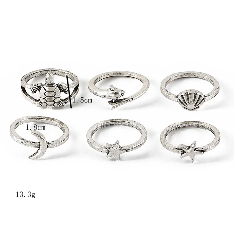 6 Pcs/ Set Women Rings Set Personality Turtle Dolphin Shell Starfish Moon Star Silver Midi Ring Lady Fashion Party Accessories