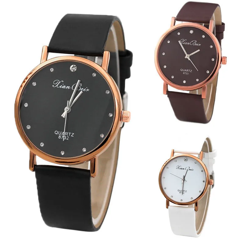 

Fashion Women's Diamond Simple Watch Case Leather Band Round Dial Quartz Wrist Watch Small Diamond Relogio Feminino