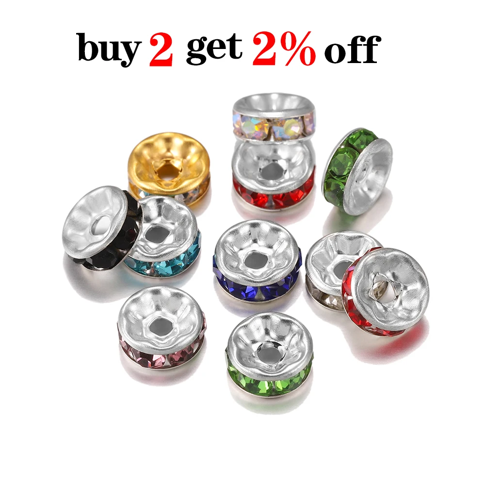 50pcs/lot 4 6 8 10mm Gold  Rhinestone Rondelles Crystal Bead Loose Spacer Beads for DIY Jewelry Making Accessories Supplie