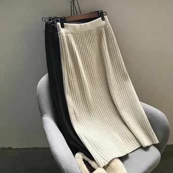 

A-Line Elegant Long Knitted Skirt Women 2019 Autumn Winter Elastic High Waist Skirts Saia Midi Solid Color Slim Warm Falda Mujer