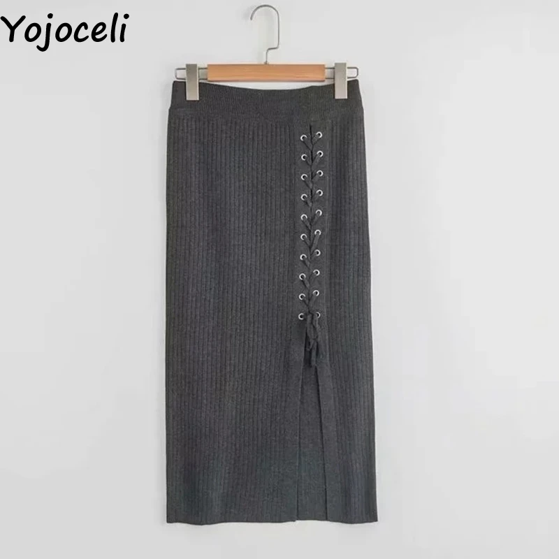 Темно-серый Yojoceli, сексуальная облегающая юбка-карандаш на шнуровке, осенняя, теплая, с разрезом, Вязанная, высокая талия, юбки для женщин, зимняя, повседневная, вязанная юбка - Цвет: Темно-серый