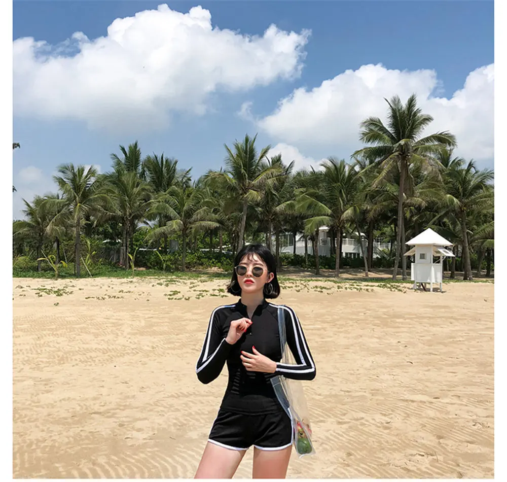 С длинным рукавом из двух частей Rashguard Женские однотонные купальники на молнии шорты Танкини полосатая блузка полосатый погружной костюм пуш-ап купальник Pad
