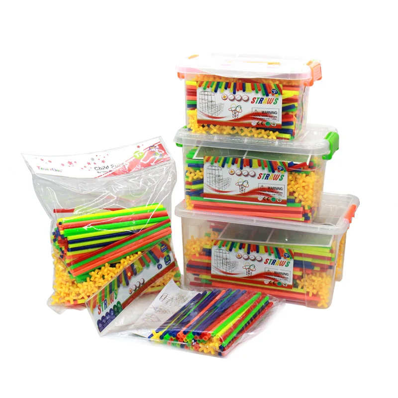 4D Building Blocks Straws DIY Set Kids Creative Toys Large Domino Game Preshool Teaching Aids Flexible Connector Kit
