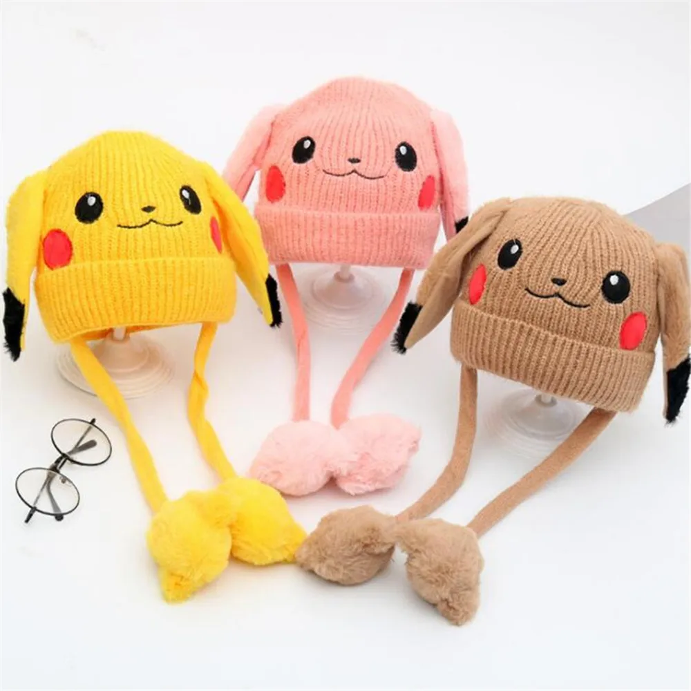 Anime-Kids-Pokemon-Pikachu-Plush-Hat-Cosplay-Cartoon-Cute-Warm-Cap-Ears-Moving