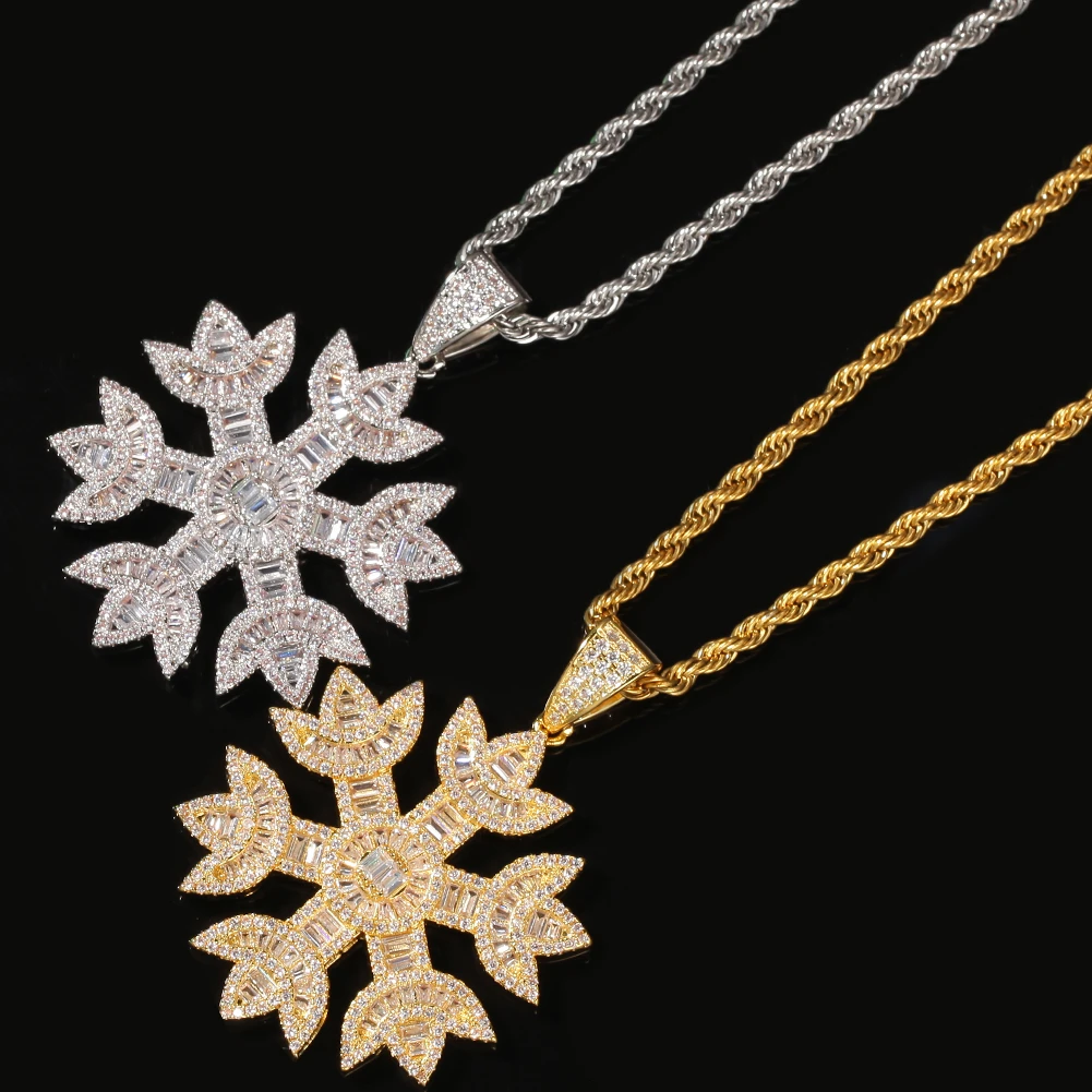 UWIN Fashion Men Women Baguette Snow Shape Pendant Necklace Gold Color Iced Bling Bling Cubic Zirconia Hiphop Jewelry