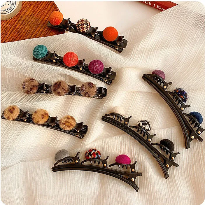 Pom Ball Cloth Braid Hairpins Hair Clip Pin for Women Girls Double Layer Hairstyle Tool Hairgrips Hair Accessories Headwear cute hair clips