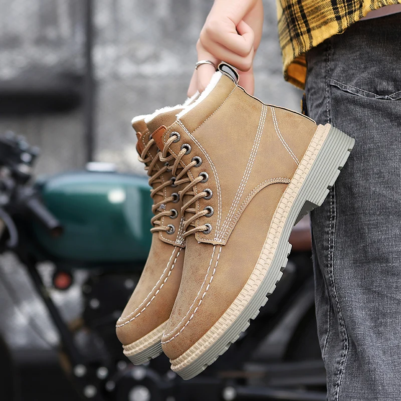 Vertive Snow Boots Men Winter Plush Warm Men Motorcycle Boots Lace-Up Male Ankle Boots Waterproof Autumn Man Work Shoes