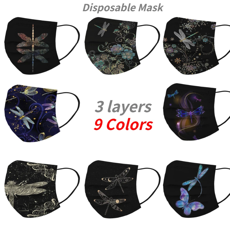 Face Mask Adult Women Man Colorful Dragonfly Printed Disposable 10pcs 3ply Filter Ear Loop Face Sheild