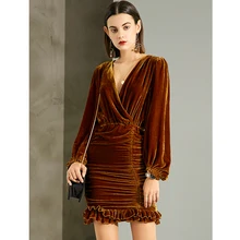 Robe Mini en velours 100% soie, col en V, manches lanternes longues, plis volants en cascade, gaine solide, nouvelle collection