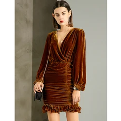 Vestido de terciopelo de seda para mujer, minivestido con escote en V, manga larga farol, pliegues, volantes en cascada, monocolor, 100%