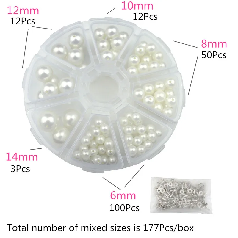 Box-packed 177pcs 6-16 мм круглый искусственный жемчуг заклепки DIY ремесло поставки кожа/одежда/сумка Декор бисера шипы Свадебные аксессуары жемчуг шпильки - Цвет: Box-packed 177pcs