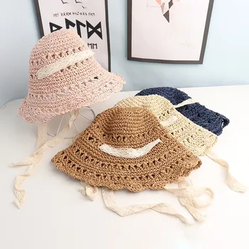 

Girls Summer Cap Ribbon Decorate Wavy Straw Hat For Girls Children Panama Hat Baby Sun Hats Caps