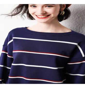 

Women's sweater 2020 winter new slim round neck striped stitching color wild bottom cashmere sweater---Free shipping
