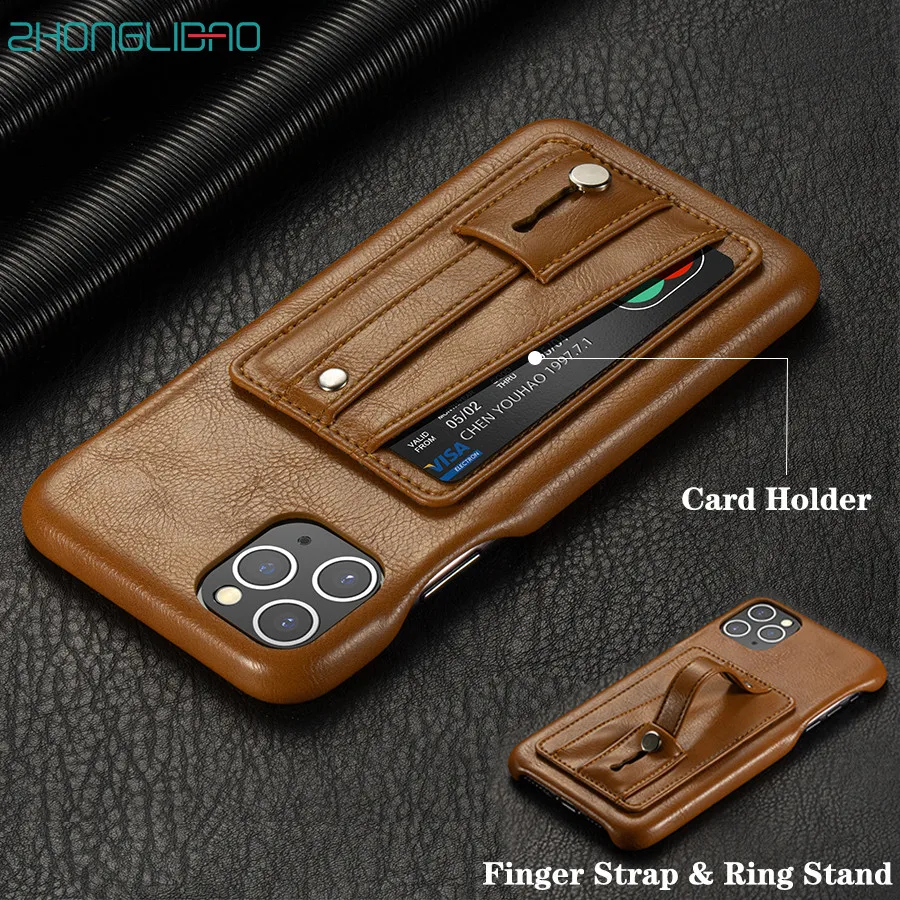 

Luxury PU Leather Finger Strap Phone Case for IPhone 11 11Pro Pro Max XR Xs Max X 8 7 Plus 8plus Card Holder Stand Back Cover