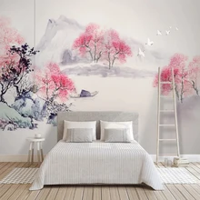 На заказ размер настенная ткань китайская живопись тушью персиковый цвет Настенные обои для гостиной спальни фон для стен домашний декор