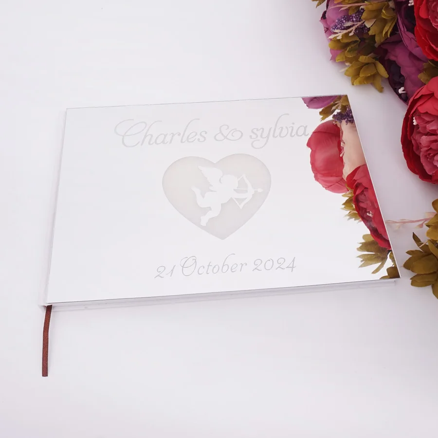 25*18cm Romantic Cupid Heart Style Wedding Signature Guest Book Acrylic Mirror Cover Personalized Blank Pages Party Gift