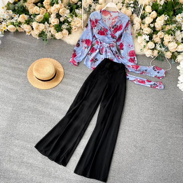 Fitaylor Summer New Women Floral V-neck Lace Chiffon Top High Waist Slim Solid Casual Wide-leg Pants Ladies Two Piece Set 6