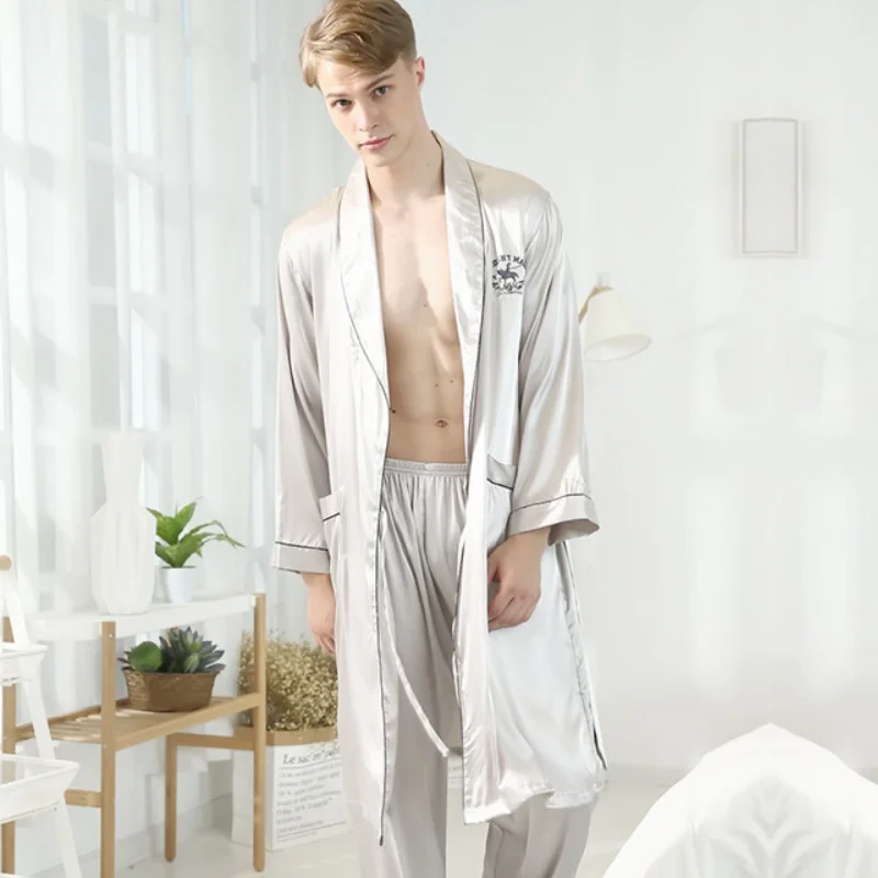 Men\'s Robe Sets Nightgown Satin Silk Summer And Autumn Kimono Bathrobe Gown Long Sleeve Sleepwear 2 Pieces Home Dressing MY440
