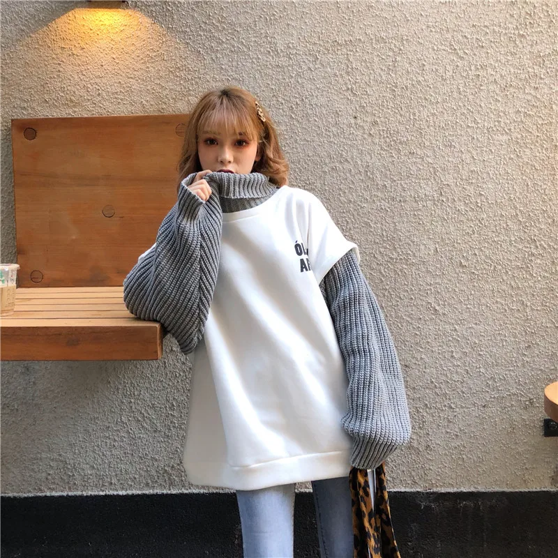 Корейская толстовка с надписью и бархатом BF Ins Harajuku винтажная Женская шикарная имитация двух частей модная Свободная Повседневная Женская толстовка