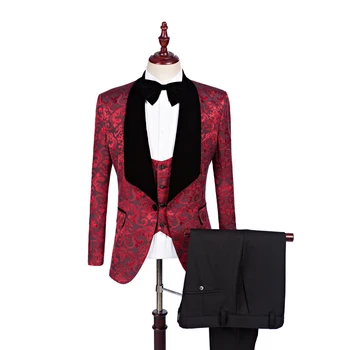 

2020 Men Suits Burgundy Floral Men Wedding Tuxedos Formal Groom Dress Suit Prom Party Terno Masculino(Jacket +Vest+ Pant+Bow)