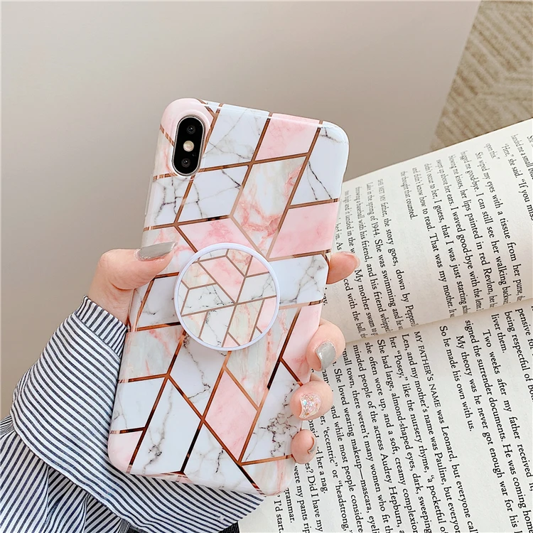 Розовый клетчатый мраморный чехол для iPhone X XR XSMAX чехол для iPhone 6 7 8 Plus забавные Соединенные геометрические фигуры чехлы с кольцом