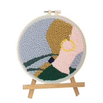 

DIY Knitting Wool Rug Hooking Kit Handcraft Woolen Embroidery Gift with 20 x 20 cm Embroidery Frame Holder - The Girl Long Hair