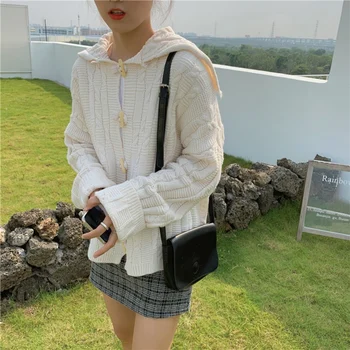 

Women Sweater Wool Solid Color V-neck 2019 Autumn Winter Knitted Horn Buckle Cardigans Soft Oversized Jumper Female Outwear