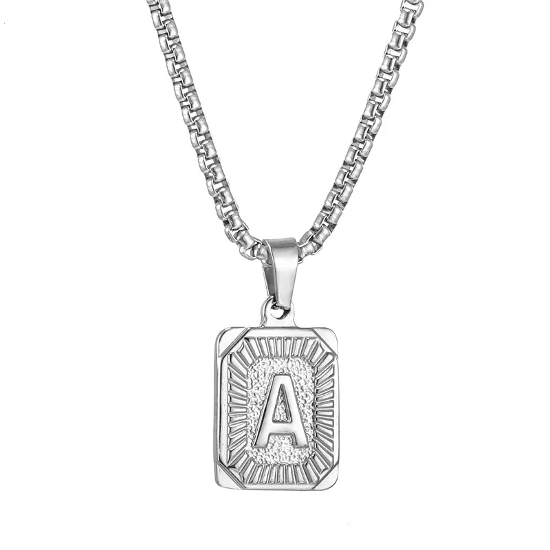 

Initial Capital Letter Pendant Letter Name Necklace Woman Man Gold Silver Square Letter Charm Box Link Chain Couple Jewelry2021