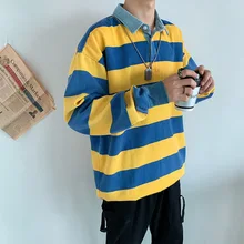 В японском стиле, в гонконгском стиле, в полоску, с длинными рукавами, пальто, тренд, свободный крой, рубашка поло, в гонконгском стиле, Harajuku, отложной воротник