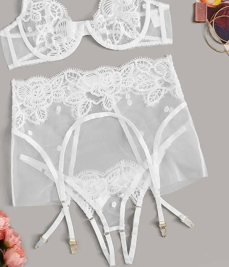 Комплект из 3 предметов, женское сексуальное белье, Babydoll, кружевное нижнее белье, v-образный вырез, бюстгальтер, высокая талия, подвязки, пояс, стринги, наборы, ночное белье