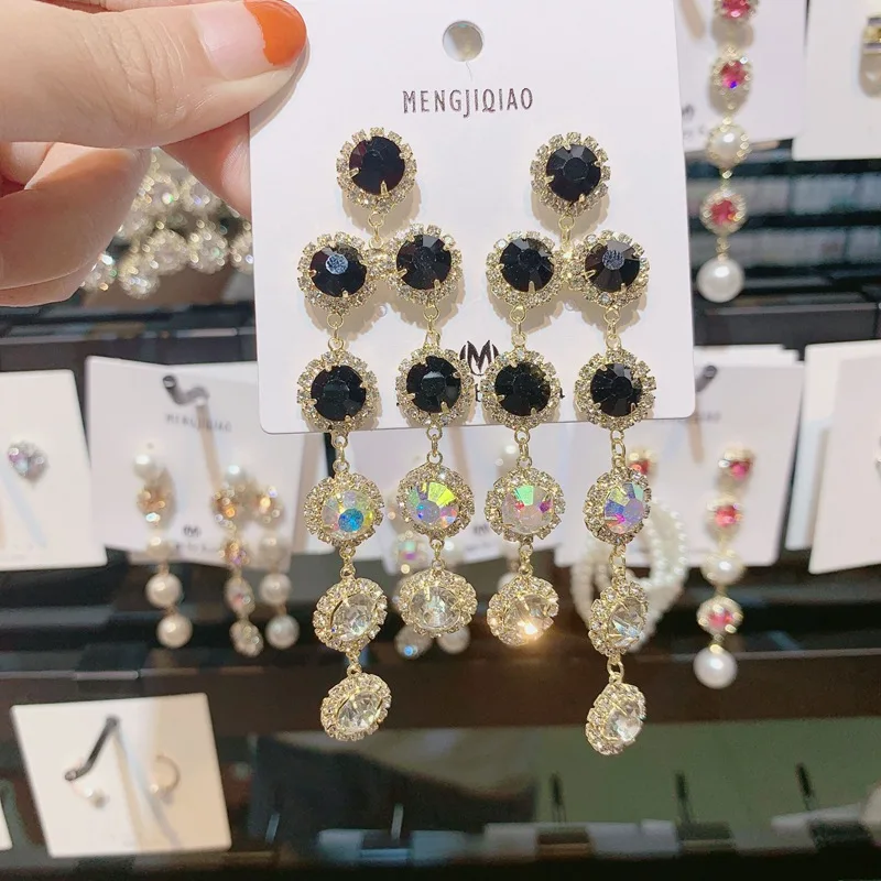MENGJIQIAO корейские новые роскошные серьги с блестящими стразами длинные серьги для женщин элегантные жемчужные вечерние ювелирные изделия - Окраска металла: bling-6 black