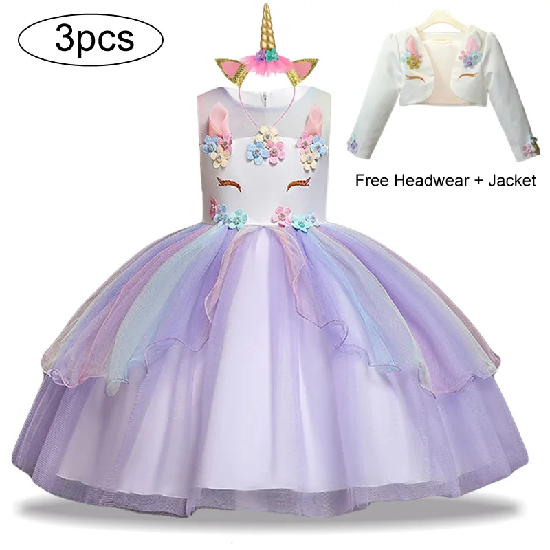 Новогоднее платье для девочек 3 предмета, Детские платья для девочек, вечерние платья с единорогом Рождественский Карнавальный Костюм Детское платье принцессы - Цвет: Purple