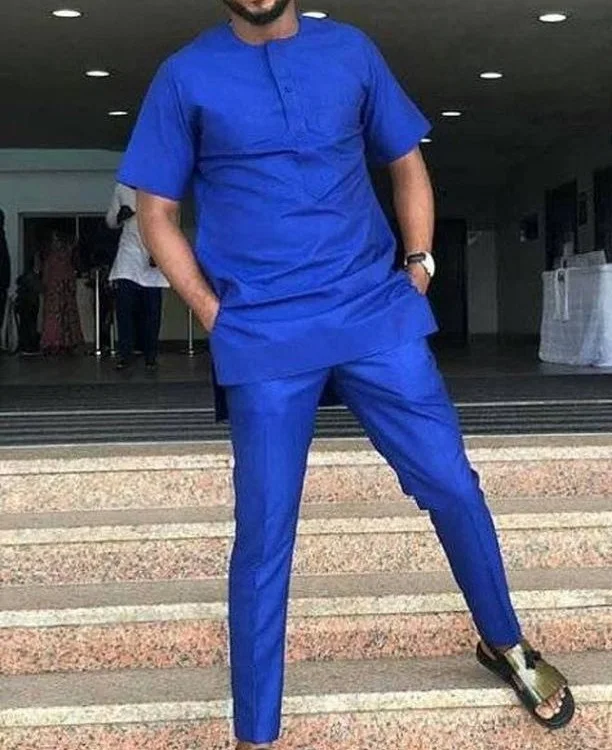 African Fashion Solid Men's Groom Suit Royal Blue Tops+Trousers Custom Made Man Short Sleeve Dashiki Shirt And Pant Sets African Fashion Solid Men's Groom Suit Royal Blue Tops+Trousers Custom Made Man Short Sleeve Dashiki Shirt And Pant Sets