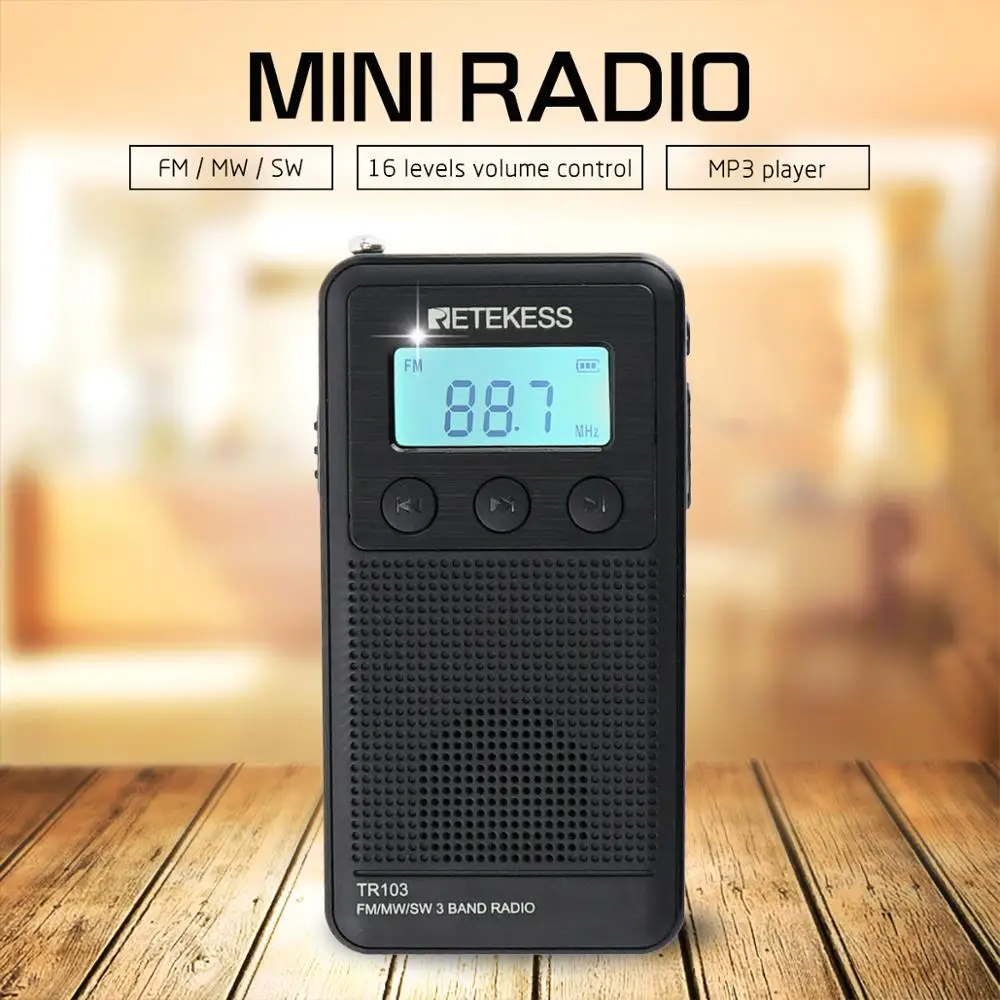 

Retekess TR103 2019 NEW FM/MW/SW mini Pocket Digital Tuning Radio MP3 Music Player TF card for gift with Rechargeable Battery