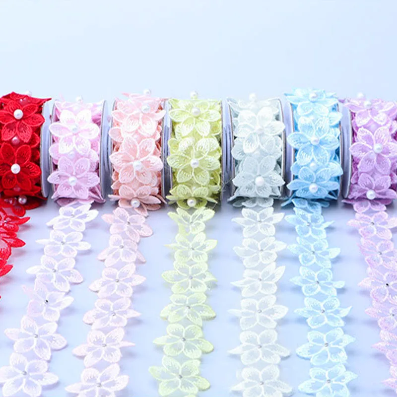 Lace ribbon 3.5x50cm 3D flower pearl beaded embroidered fringe organza