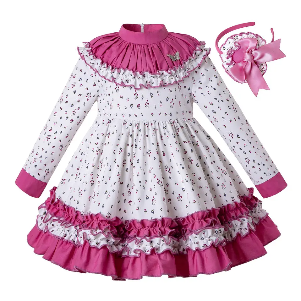 

Pettigirl Autumn Girls Dress Flower Print Ruffle Collar Girls Autumn Dress With Headband Kids Clothing