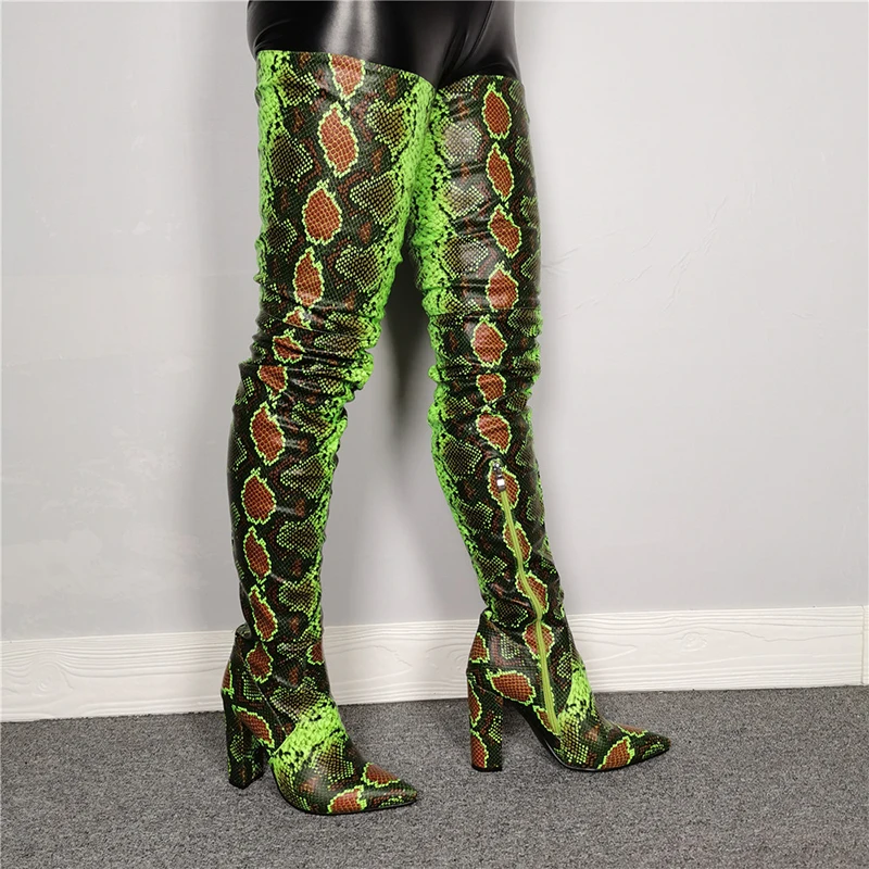 green snakeskin thigh high boots