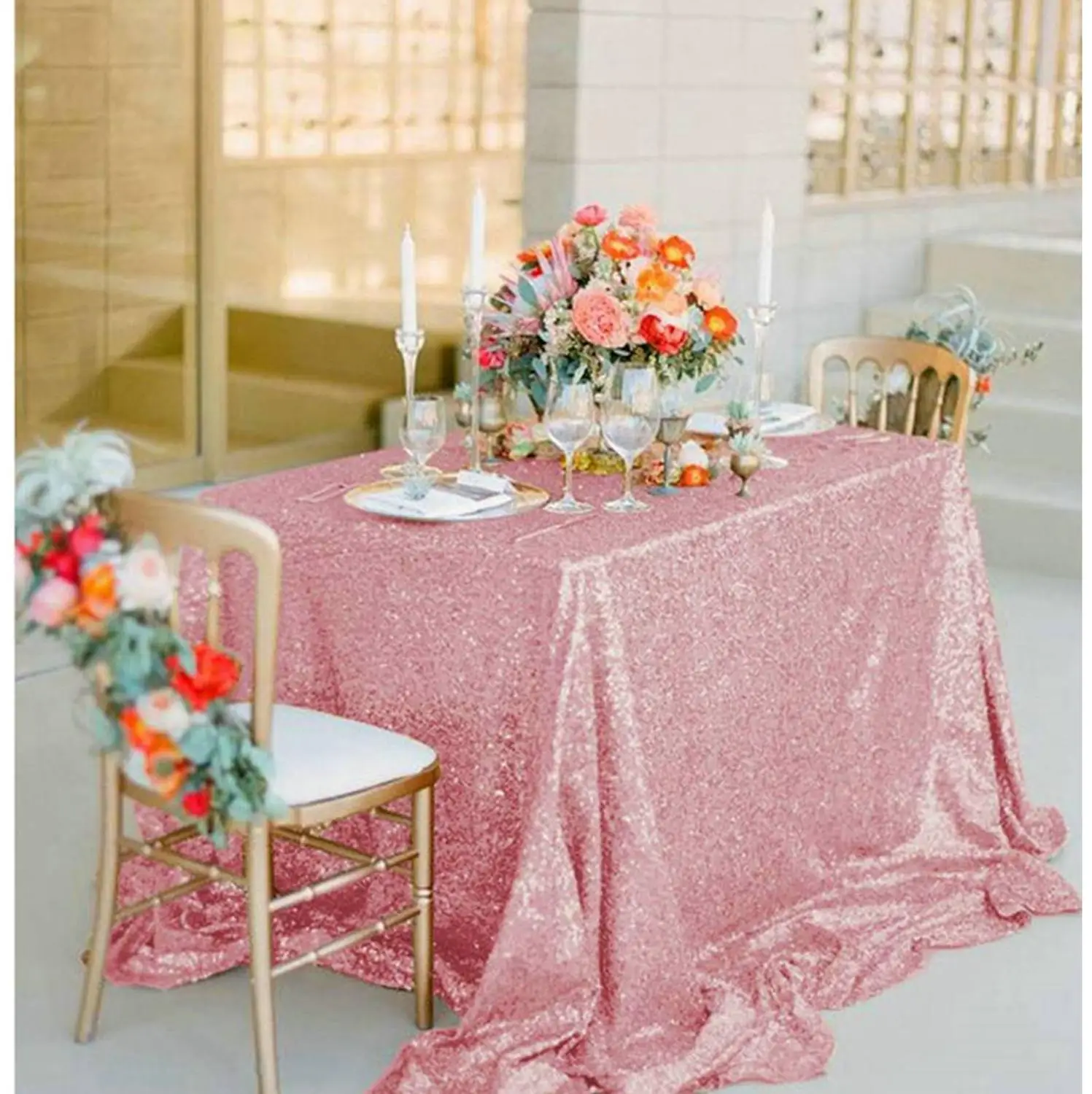 50x50-Inch Sequin Tablecloth Sequin Table Cloths Pink Gold Rectangle Tablecloths Sequence Table Cover for 3FT Tables-M0927